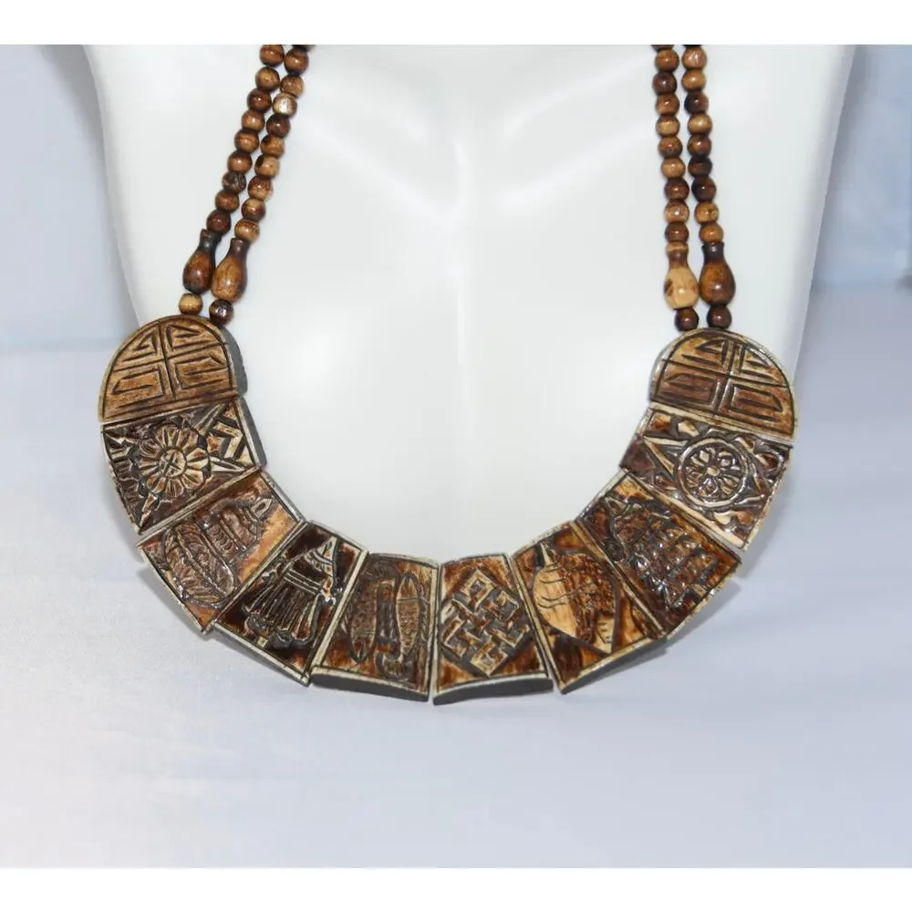 TIBETAN HANDCRAFTED 8 AUSPICIOUS SYMBOLS CARVED YAK BONE AMULET NECKLACE